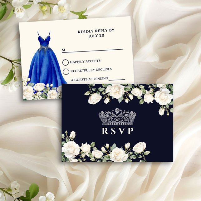 Princess Dress and Rose Royal Blue Quinceanera RSVP Karte (RSVP card from the Princess Dress and Roses Quinceanera collection by Darling & May)