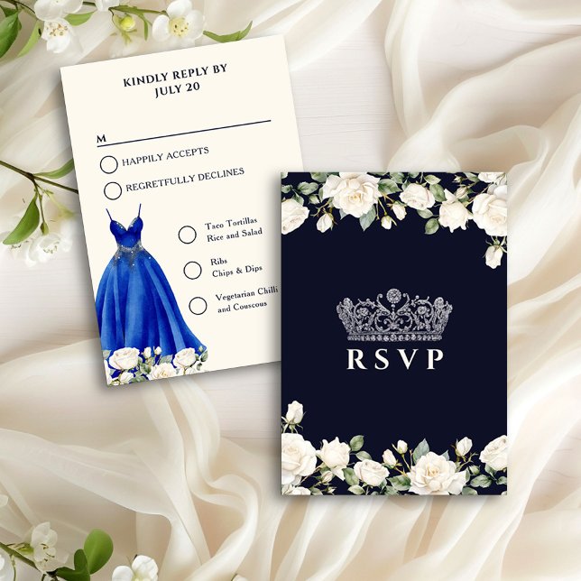 Princess Dress Blue Quinceanera Menüoptionen RSVP Karte (RSVP Card from the Princess Dress and Roses Quinceanera collection by Darling & May)