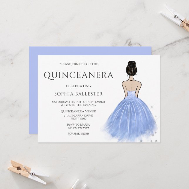 Princess Dress Blue Wonderland Quinceanera Party Einladung (Vorderseite/Rückseite Beispiel)