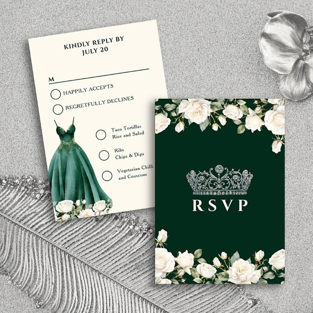 Princess Dress Green Quinceanera Menü Optionen RSVP Karte (RSVP Card from the Princess Dress and Roses Quinceanera Collection by Darling & May)