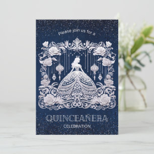 Princess Dress Quinceanera, Navy Blue Blume Einladung