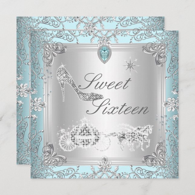 Princess Elegant Diamond Blue Sweet 16 Sechzehn Einladung (Vorne/Hinten)