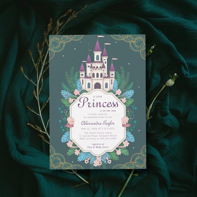 Princess Fairytale Burg Forest Baby Dusche Einladung (princess girl baby shower invitation enchanted forest magical castle emerald greenery frame)