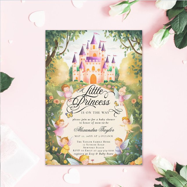 Princess Fairytale Castle Fairies Baby Girl Dusche Einladung (princess baby shower invitation pink fairytale enchanted forest fairy godmothers magical castle)