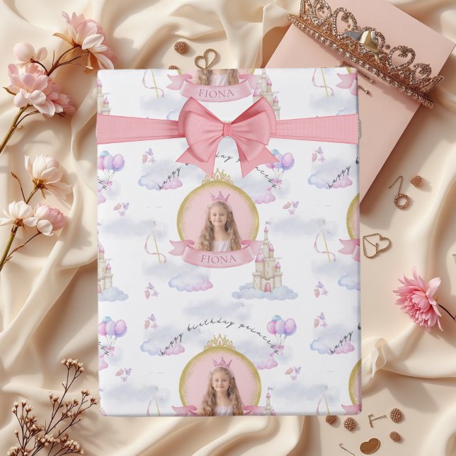 Princess Fairytale Niedlich Pink Girl's Foto Gebur Geschenkpapier (Happy Birthday Princess Custom Personalized Wrapping Paper with Photo)