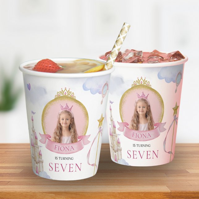 Princess Fairytale Niedlich Pink Girl's Foto Gebur Pappbecher (Princess Themed Custom Birthday Cups with Photo Glitter Pink & Gold )