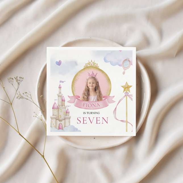 Princess Fairytale Niedlich Pink Girl's Foto Gebur Serviette (Custom Girl's Birthday Napkins Princess Fairytale Themed with Photo Whimsical Cute Modern Gold)