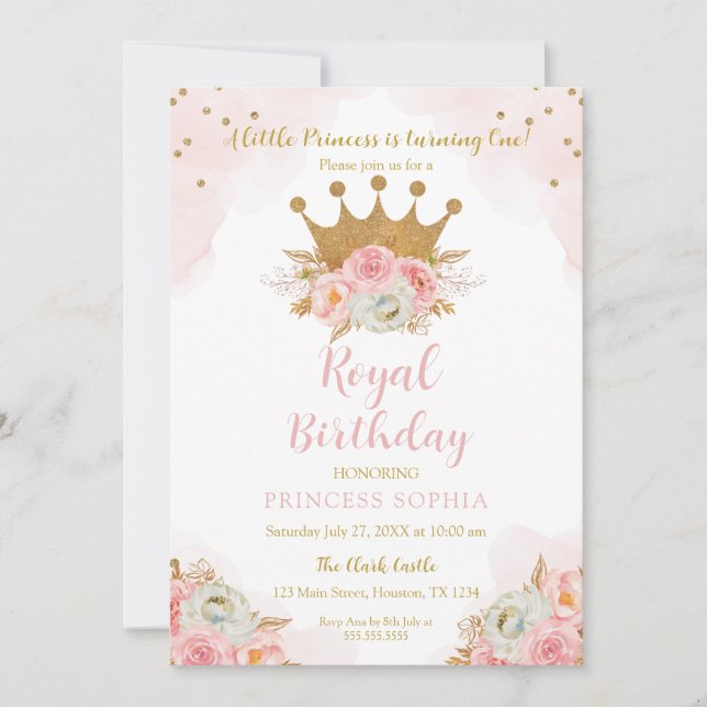 Princess Floral Pink & Gold Birthday Einladung (Vorderseite)