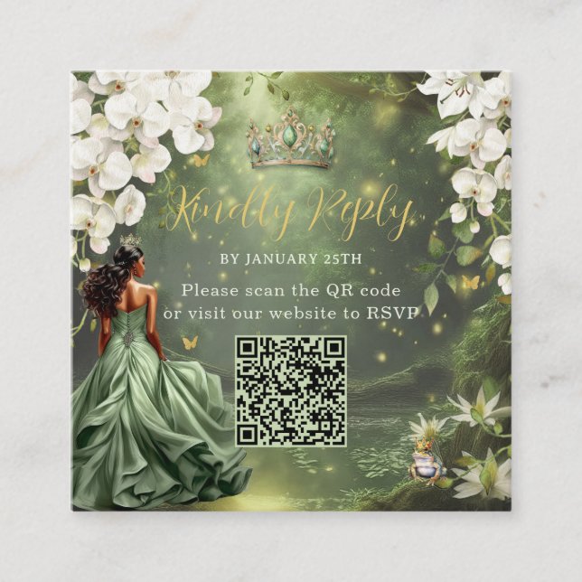 Princess & Frog Green Dress Sweet 16 Quince XV QR Begleitkarte (Vorderseite)