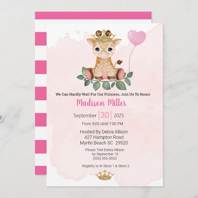 Princess Giraffe Pink Baby Shower Einladung (Vorne/Hinten)