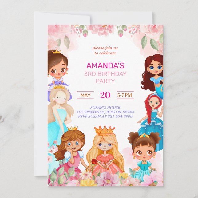 Princess Girl Birthday Party 3. Jahr Einladung (Vorderseite)
