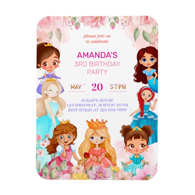 Princess Girl Birthday Party 3. Jahr Einladung Magnet (Vertikal)