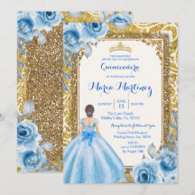 Princess Gold and Blue Rose Quinceanera Einladung