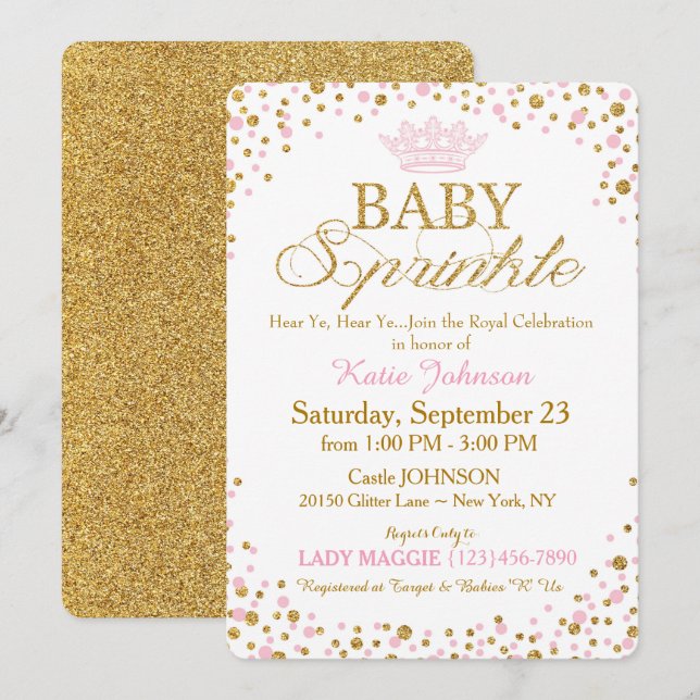 Princess Gold Glitzer Sprinkle Baby Dusche Einladung (Vorne/Hinten)