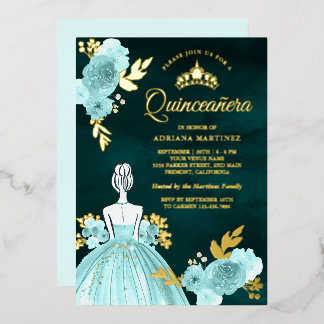 Princess Green Quinceanera Gold, aquamarines Blume Folieneinladung