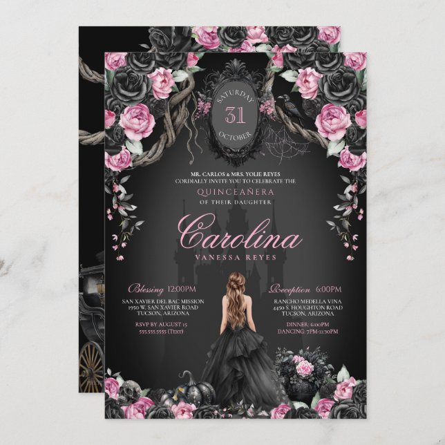 Princess Halloween Pink Black Gothic Quinceanera Einladung (Vorne/Hinten)
