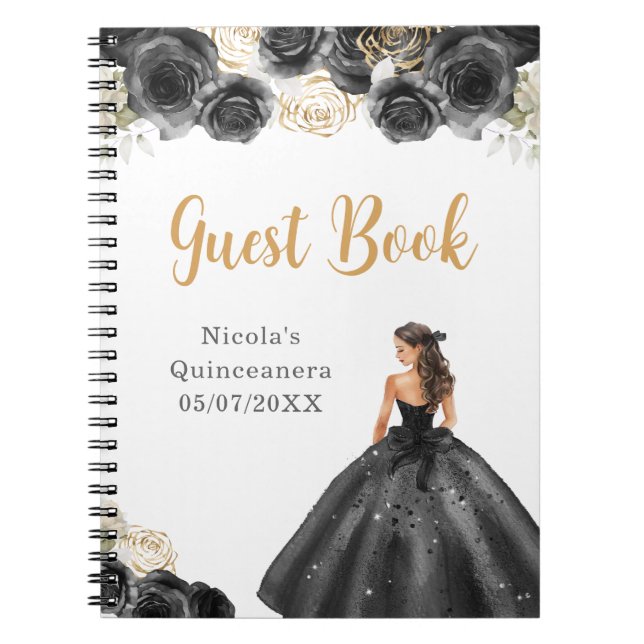Princess in Black Dress Quinceanera Gästebuch Notizblock (Vorderseite)
