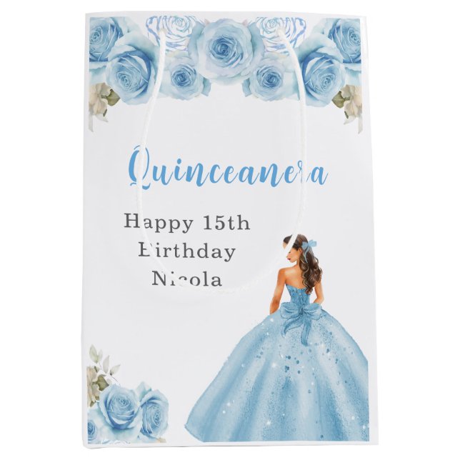 Princess in Blue Dress Quinceanera Geburtstag Mittlere Geschenktüte (Vorderseite)