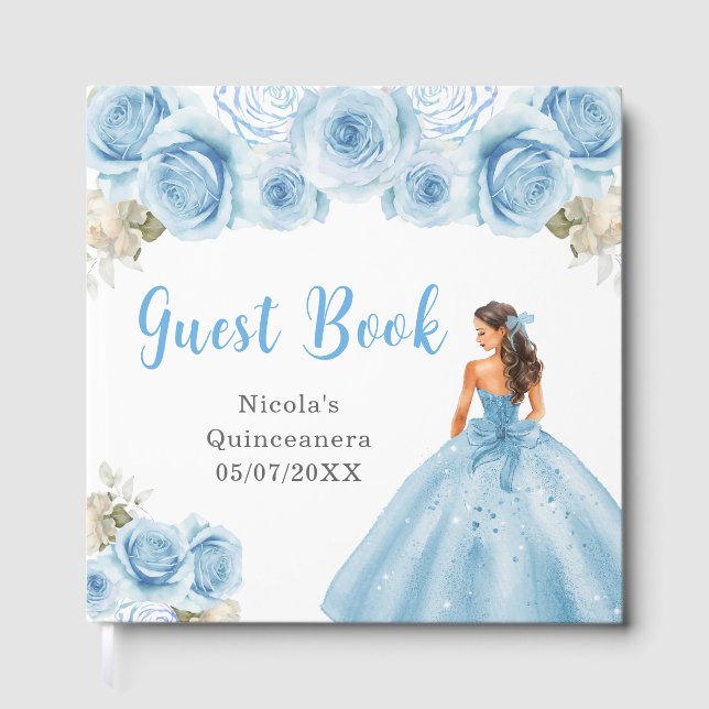 Princess in Blue Dress Quinceanera Guest Book Gästebuch (Vorderseite)