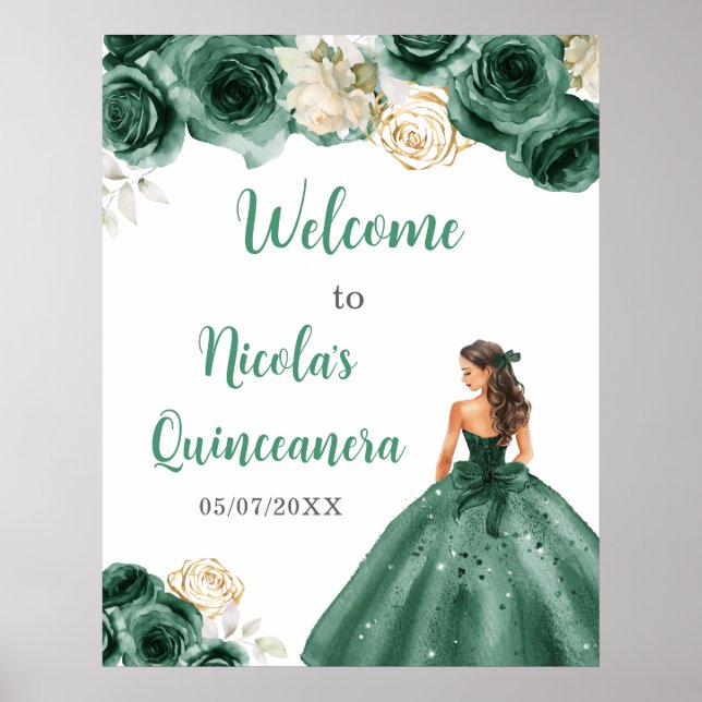 Princess in Dark Green Dress Quinceanera Willkomme Poster (Vorne)