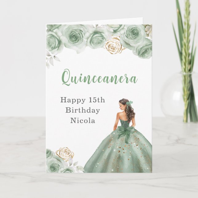 Princess in Sage Green Dress Birthday Quinceanera Karte (Vorderseite)