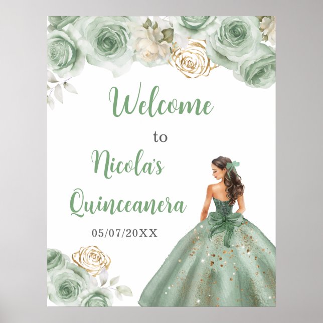 Princess in Sage Green Dress Quinceanera Willkomme Poster (Vorne)