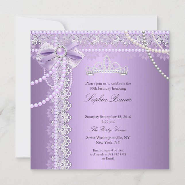 Princess Lila Pearl Bow Lace Birthday Party Einladung (Vorderseite)