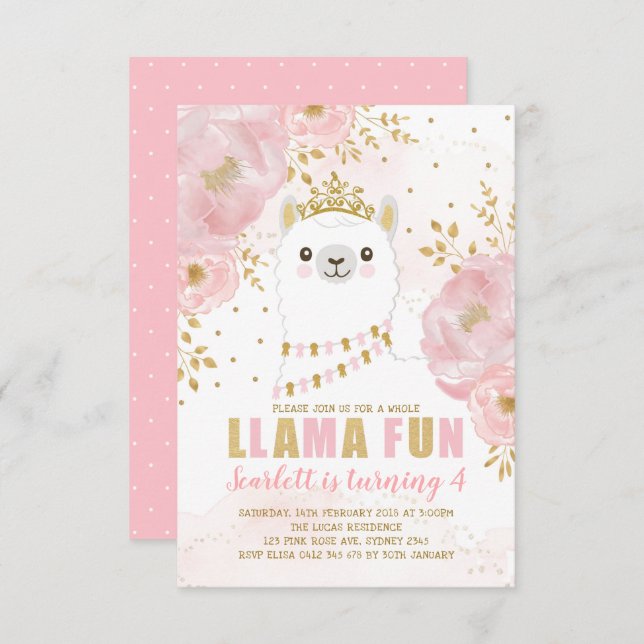 Princess Llama Birthday / Pink Gold Fiesta Party Einladung (Vorne/Hinten)
