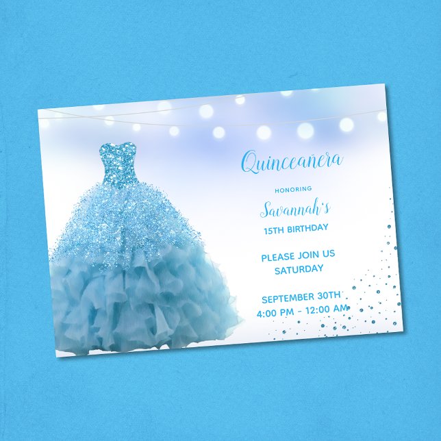 Princess Lt Blue Gown String Lights Quinceanera Einladung (Von Creator hochgeladen)