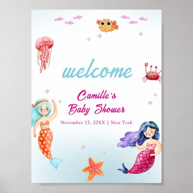 Princess Mermaid Ocean Coral Baby Dusche Willkomme Poster (Vorne)