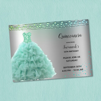 Princess Mint Green Gown String Lights Quinceanera Einladung