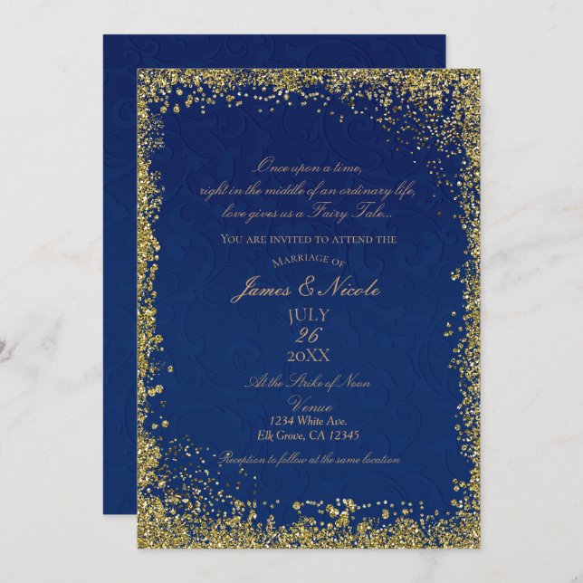 Princess Navy Blue Gold Storybook Hochzeit Einladung (Vorne/Hinten)