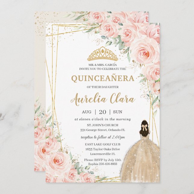 Princess of Quinceañera Blush Floral Champagne Einladung (Vorne/Hinten)
