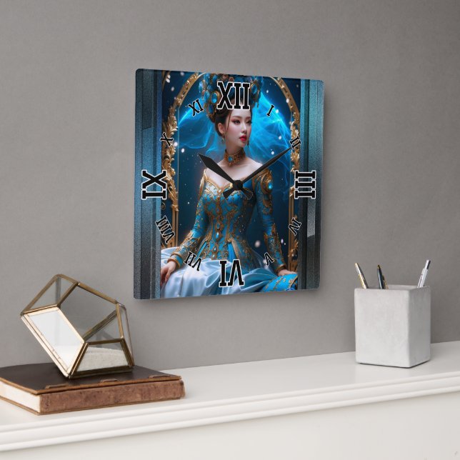 Princess of the Blue Rose AI Art von Xzendor7 Quadratische Wanduhr (Büro)