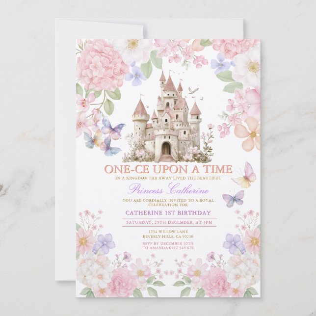 Princess ONE-CE Upon a time birthday Castle Floral Einladung (Vorderseite)