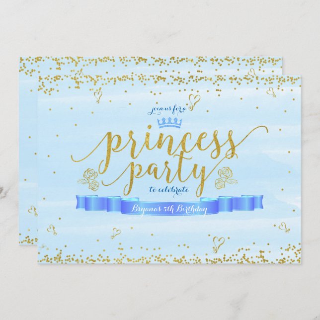 Princess Party Blue & Gold Einladungen zum Geburts (Vorne/Hinten)