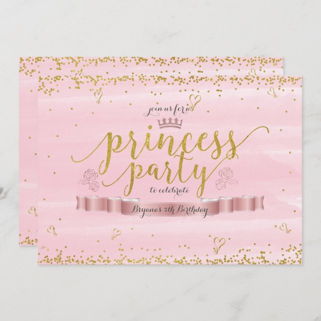 Princess Party - Einladungen für Rosa und Gold Fot (Vorne/Hinten)