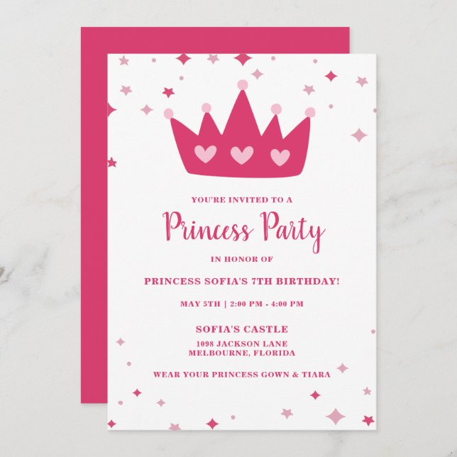 Princess Party Girl's Pink Crown Birthday Party Einladung (Vorne/Hinten)