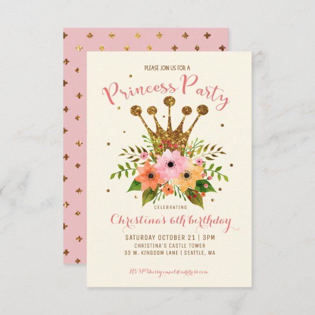 Princess Party Glitzer Blumenkrone Einladung (Vorne/Hinten)