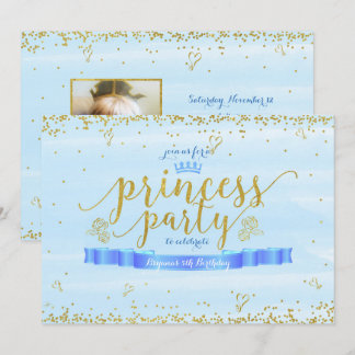 Princess Party Gold & Blue Foto Einladungen