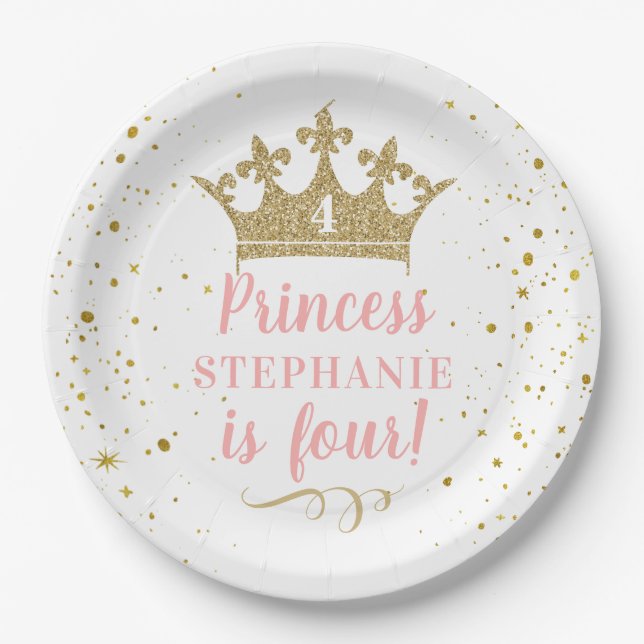 Princess Party Gold Crown Confetti Pink Pappteller (Vorderseite)