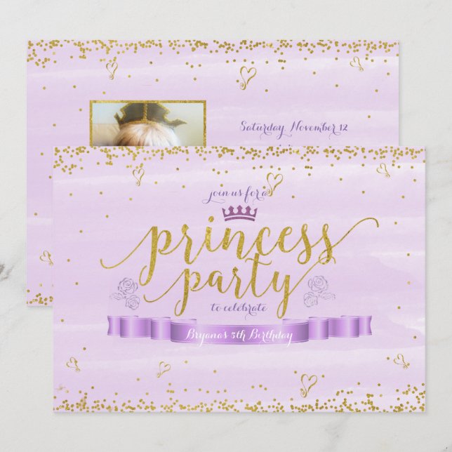 Princess Party Gold & Lila Foto Einladungen (Vorne/Hinten)