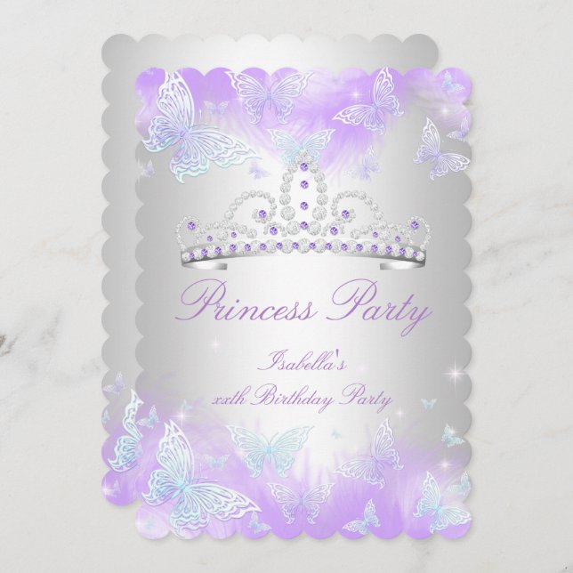 Princess Party Lila Aquamarin Blue Tiara Butterfly Einladung (Vorne/Hinten)
