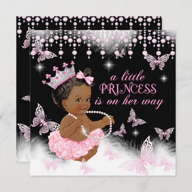Princess Pink Butterfly Baby Dusche Ethnisch Einladung (Vorne/Hinten)