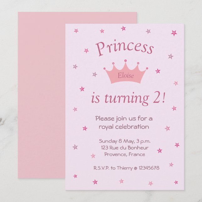 Princess Pink Crown Tiara Stars Kinder Baby Geburt Einladung (Vorne/Hinten)