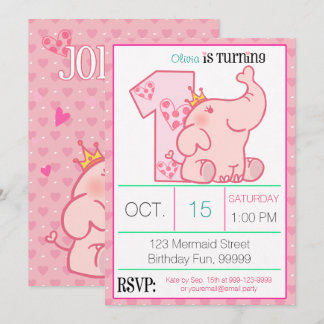 Princess Pink Elephant 1. Geburtstag Party Custom Einladung
