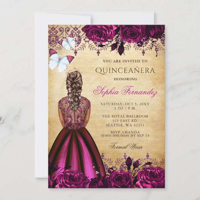 Princess Pink Floral Butterfells Quinceañera Einladung (Vorderseite)