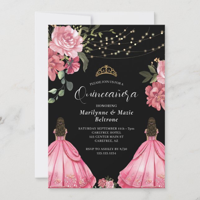 Princess Pink Floral Twins Quinceañera Einladung (Vorderseite)