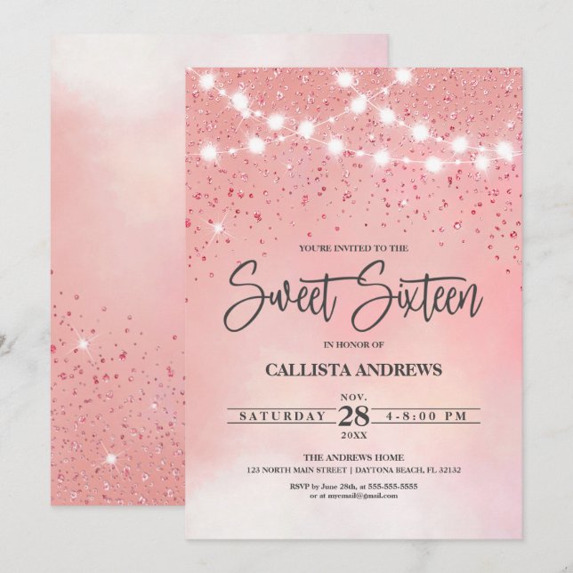 Princess Pink Glitzer Glitzern Lights Sweet 16 Einladung (Vorne/Hinten)