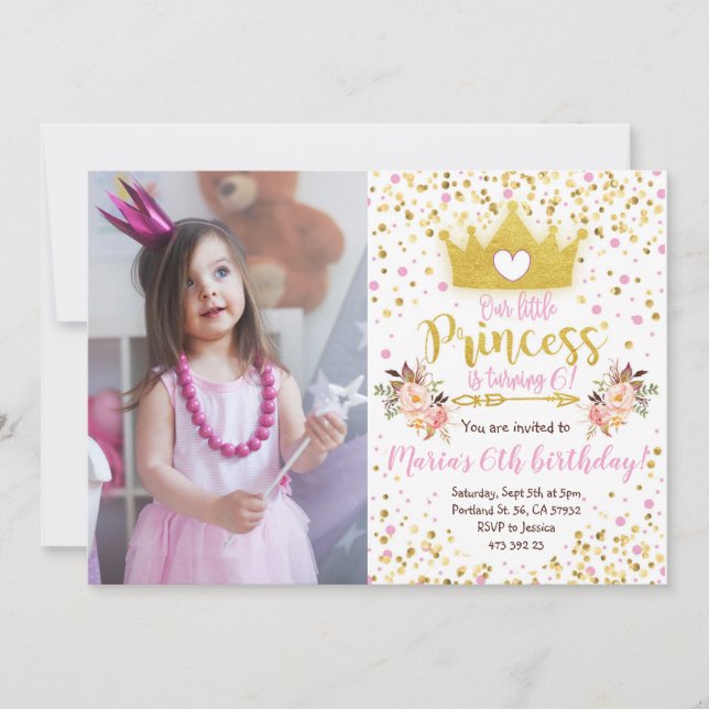 Princess Pink Gold Confetti Einladung zum Geburtst (Vorderseite)